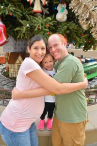 Pregnant mom with family at Disneyland during Christmas